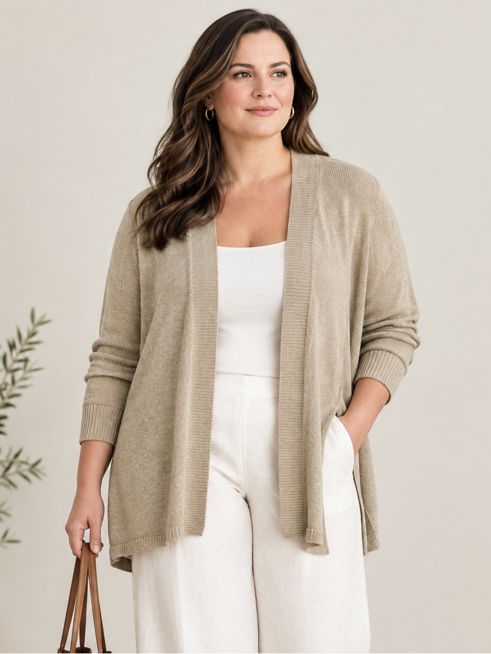 Talbots Woman 3X Linen Cardigan Taupe Open Front Minimalist Quiet Luxury